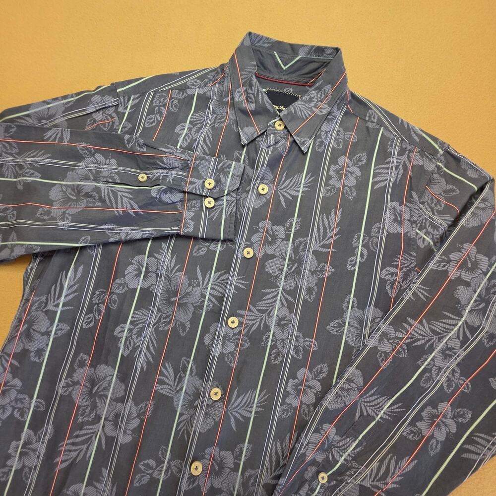 Tommy Bahama Tripoli Blooms Striped Floral Silk Blend Shirt Blue Red Sz Small